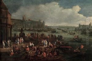 An Italianate Harbour With Numerous Figures by Adriaen Frans Boudewyns the Elder