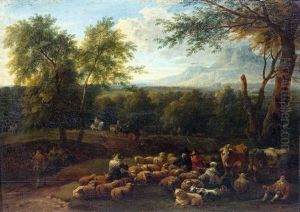 Bewaldete Landschaft Mit Rastenden Hirten Und Ihrem Vieh In Der Nahe Eines Pfades Mit Reisenden (+ Rastende Hirten Mit Ihrem Vieh; 2 Works) by Adriaen Frans Boudewyns the Elder