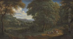 A Wooded Landscape With Horsemen Greeting Travelers On A Path by Adriaen Frans Boudewyns the Elder
