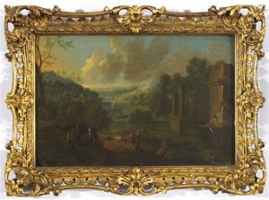 Classical Landscapes With Figures And Boats On A Lake Beyond (a Pair; 2 Works)