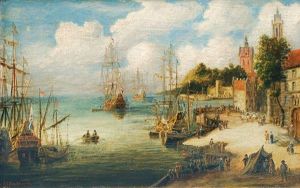Hafenstadt Mit Vor Anker Liegenden Schiffen