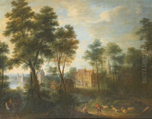 A Wooded River Landscape With Elegantly Dressed Figures On Horseback - view 1