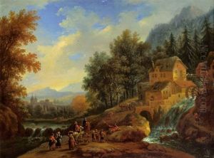Gebirgslandschaft Mit Wasserfall, Einer Muhle Und Vielen Figuren by Adriaen Frans Boudewyns the Elder