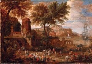 Figures Outside A Town Wall With A Bay Beyond (collab. W/pieter Bout)