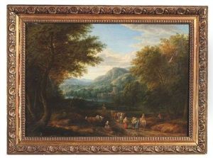 Bewaldete Fluslandschaft Mit Zu Markt Ziehenden Bauern Und Hirten (collab. W/ Pieter Bout) by Adriaen Frans Boudewyns the Elder