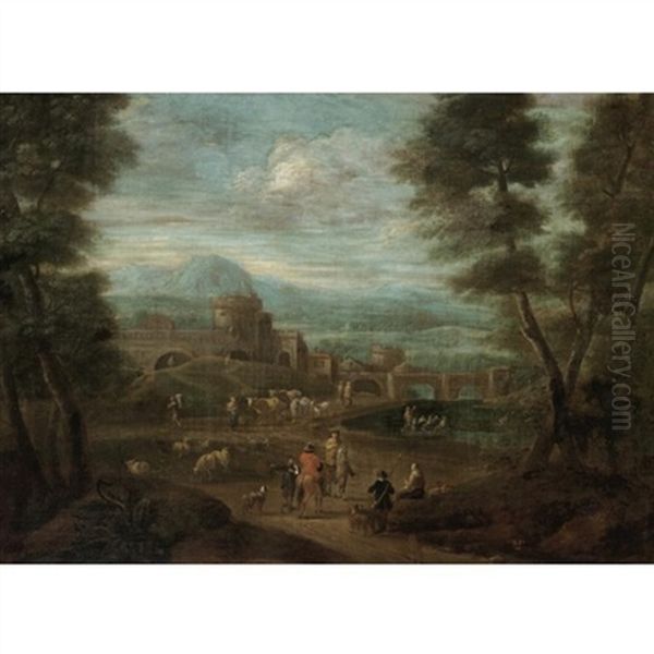 A River Landscape With Cavaliers Conversing In The Foreground, Classical Buildings Beyond - view 1