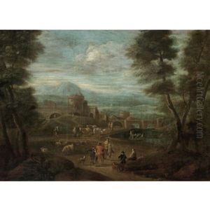 A River Landscape With Cavaliers Conversing In The Foreground, Classical Buildings Beyond by Adriaen Frans Boudewyns the Elder