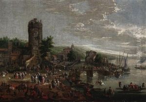 Geschaftiges Treiben Im Hafen Einer Kustenstadt Mit Wehrturm (collab. W/pieter Bout) by Adriaen Frans Boudewyns the Elder