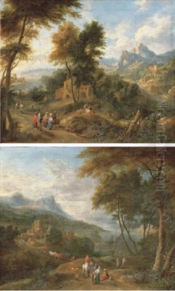 A Mountainous Wooded Landscape With Peasants Conversing On A Path (+ A River Landscape With Travellers And Peasants On A Path; Pair In Collab. W/pieter Bout) - view 1