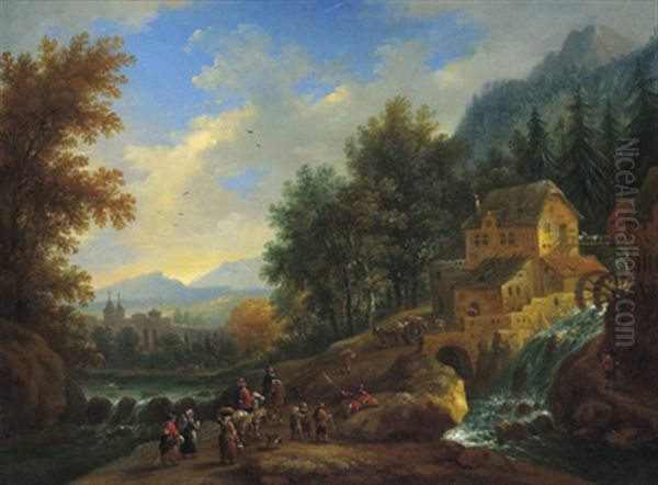 Bewaldete Gebirgslandschaft Mit Einem Wasserfall, Einer Muhle Und Vielen Figuren - view 1