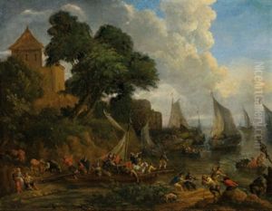 Sudliche Meeresbucht Mit Booten Und Vielen Figuren by Adriaen Frans Boudewyns the Elder