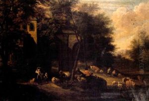 Shepherds And Shepherdesses Resting And Watering Their Livestock Beside A Ruined Manor House In A Wooded Landscape (in Collab. With Pieter Bout) by Adriaen Frans Boudewyns the Elder