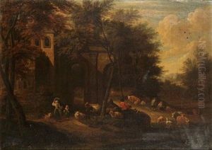 Shepherds And Shepherdesses Resting And Watering Their Livestock Beside A Ruined Manor House In A Wooded Landscape by Adriaen Frans Boudewyns the Elder