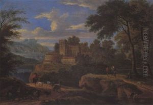 Gebirgige Flusslandschaft Mit Einem Schloss Und Hirt Mit Herde by Adriaen Frans Boudewyns the Elder