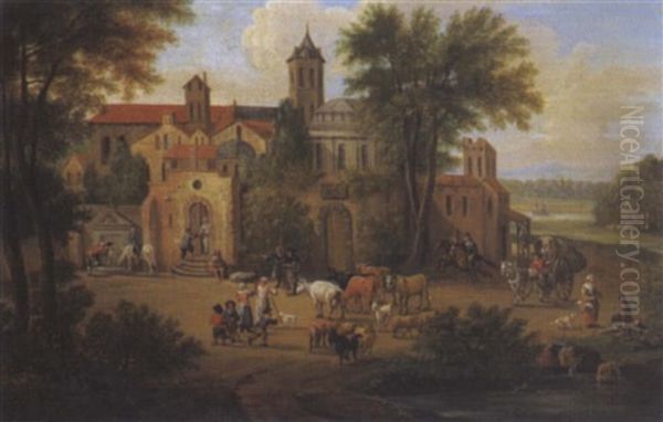 Bauern Und Eine Viehherde Vor Einem Kloster - view 1