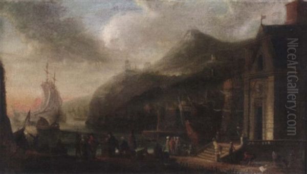 Sudlicher Hafen In Abendstimmung Mit Zahlreichen Figuren Und Auslaufender Fregatte - view 1