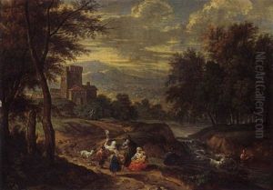 A Mountain Landscape With Travellers On A Path And A Shepherd Crossing A Ford A Mountain Landscape With Travellers On A Path And A Shepherd Crossing A Ford