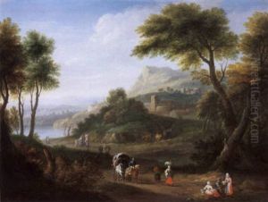 Travellers On A Country Road With A Lake, A Village And Mountains Beyond Travellers On A Country Road With A Lake, A Village And Mountains Beyond
