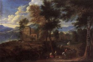 An Extensive Wooded River Landscape With Travellers And A Cart On A Track, A Village Beyond