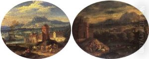 Travellers Resting By A River, A Fortress And Mountains Beyond Travellers Resting By A River, A Fortress And Mountains Beyond