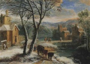 A Winter Landscape With Travellers And Waggoners Beside A River