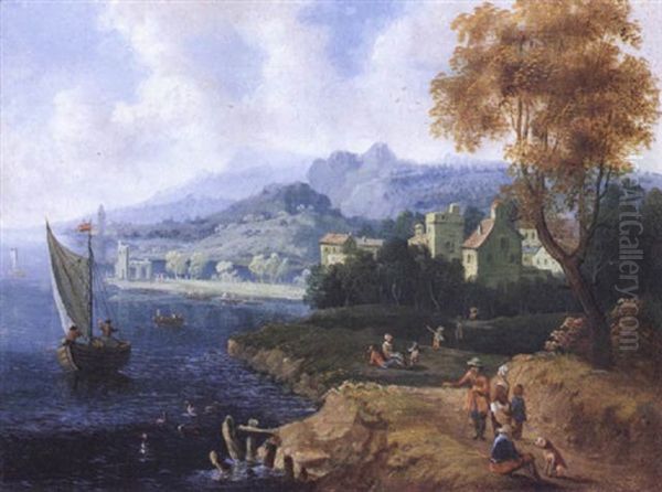 Sudliche Kustenlandschaft Mit Figuren Und Segelbooten - view 1