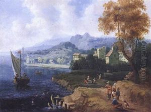 Sudliche Kustenlandschaft Mit Figuren Und Segelbooten