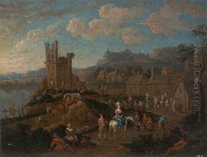 A River Landscape With Travellers Passing Through A Village by Adriaen Frans Boudewyns the Elder