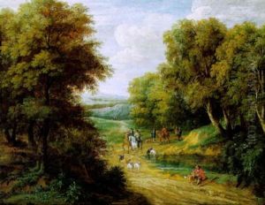 Waldlandschaft Mit Reitern Und Einem Rastenden Hirten An Einem Teich by Adriaen Frans Boudewyns the Elder