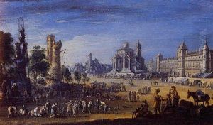 Vue De Fantaisie De Paris Animee De Nombreux Personnages Avec Le Louvre En Fond