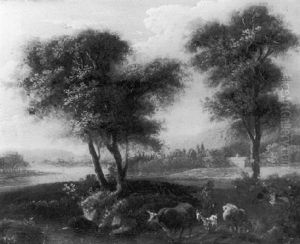 A Wooded Landscape With A Cowherd And His Livestock On A Path, A Cottage And River Beyond by Adriaen Frans Boudewyns the Elder