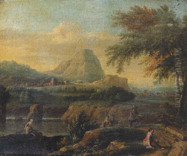 A Peasant Woman Returning From Market, In An Italianate River Landscape - view 1