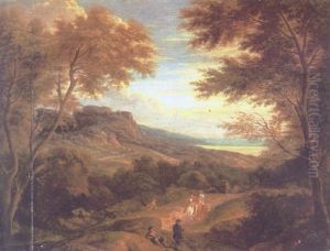 An Evening Landscape With Travellers On A Path, Mountains And A River Beyond by Adriaen Frans Boudewyns the Elder