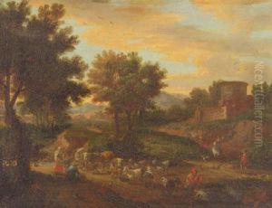 Shephers Fording Cattle And Flock On A Sandy Track By A Ruined Castle, In An Italianate Landscape