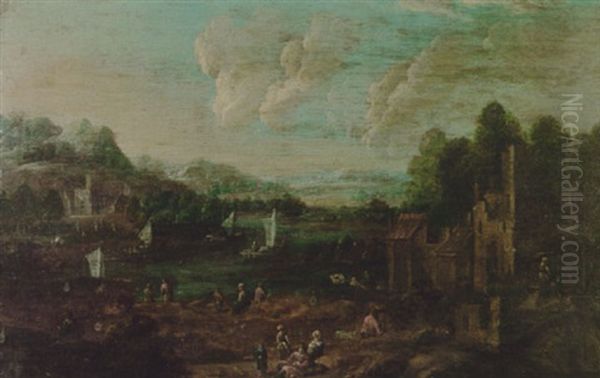 Figures Near Houses By A River - view 1
