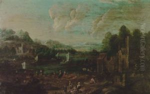 Figures Near Houses By A River by Adriaen Frans Boudewyns the Elder