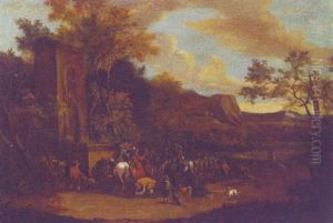 A Hawking Party Halting By A Fountain