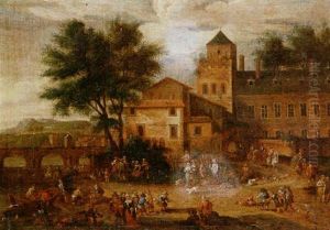 A River Town Scene With Numerous Figures On The River Bank, Before A Large Civic Building by Adriaen Frans Boudewyns the Elder