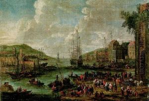 A Port With Men-o-war And Other Shipping, Townsfolk And Fishermen On The Shore by Adriaen Frans Boudewyns the Elder