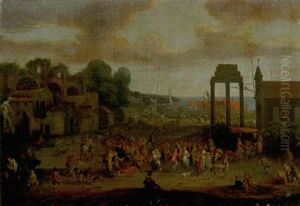 Hafenszene Mit Zahlreichen Staffagefiguren Vor Hausern Und Antiken Ruinen by Adriaen Frans Boudewyns the Elder