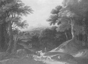 Figures And Farm Animals On A Track In A Wooded Landscape by Adriaen Frans Boudewyns the Elder