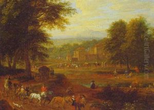 An Extensive Wooded Landscape With A Carriage On A Path And Figures By A Pond, A Castle Beyond by Adriaen Frans Boudewyns the Elder