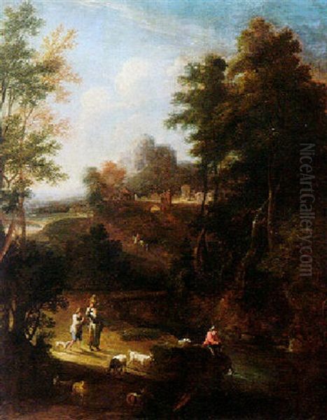 A River Landscape With A Fisherman And Shepherds In The Foreground, A Town Beyond - view 1