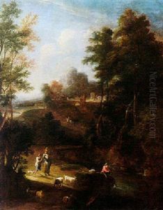 A River Landscape With A Fisherman And Shepherds In The Foreground, A Town Beyond by Adriaen Frans Boudewyns the Elder
