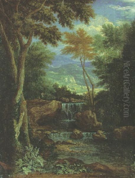 An Italianate Wooded Landscape With Figures By A Waterfall - view 1