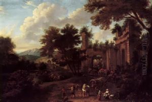 Travellers Passing Through A Set Of Ruins In A Wooded Landscape by Adriaen Frans Boudewyns the Elder