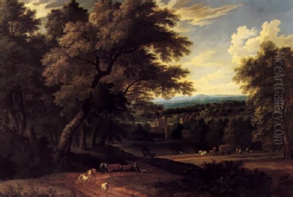 An Extensive Wooded Landscape With Herdsmen Driving Cattle And Sheep Along A Track - view 1