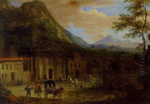 A Horse-drawn Cart And Peasants Before A Church, Mountains Beyond