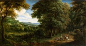 A Wooded Landscape With Horsemen Greeting Travellers On A Path