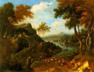 Travellers In An Italianate River Lanscape